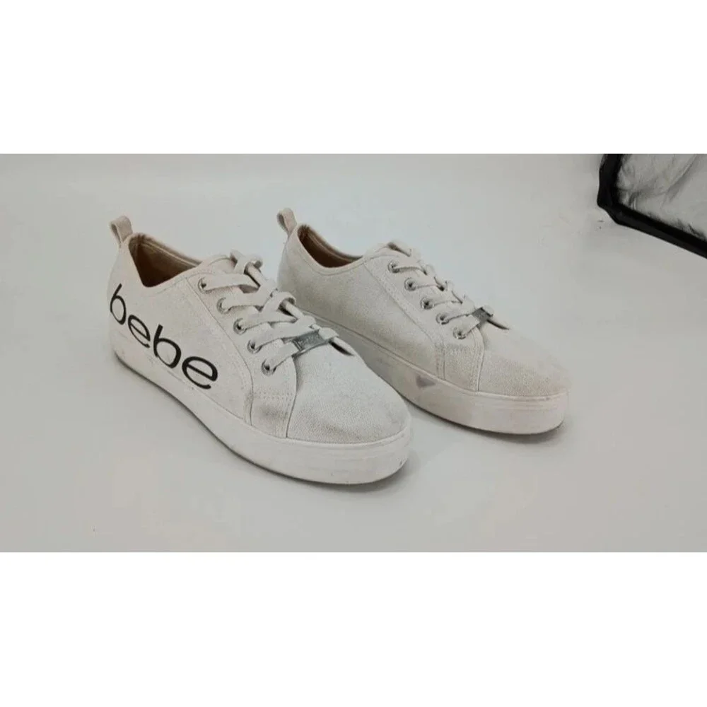 Y2K White Canvas Platform Sneakers Black Logo Bebe Sport Size 10